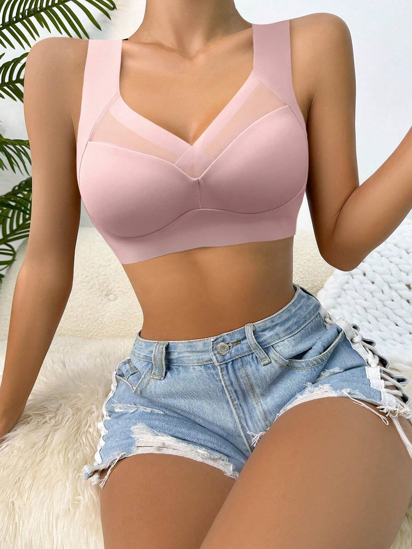 Women's Mesh Seamless Smooth Comfort Wire Free Bra  Pink