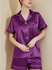 Threaded Solid Color Short Sleeve Shorts Casual Lapel Loungewear Set Indigo