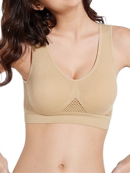 Ventilate Mesh Medium Support Plus Size Wireless Sports Bra Tan