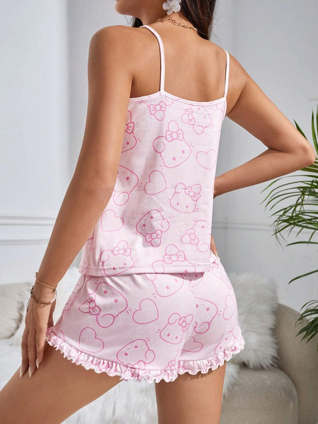 Sexy Milk Silk Loungewear Cartoon Cat Pattern Pajamas Set