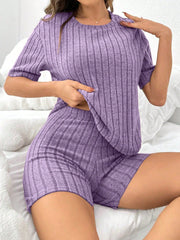 Women Solid Color Brushed Ribbed Loose Crew Neck Short Sleeve Top & Shorts Pajama Set Violet