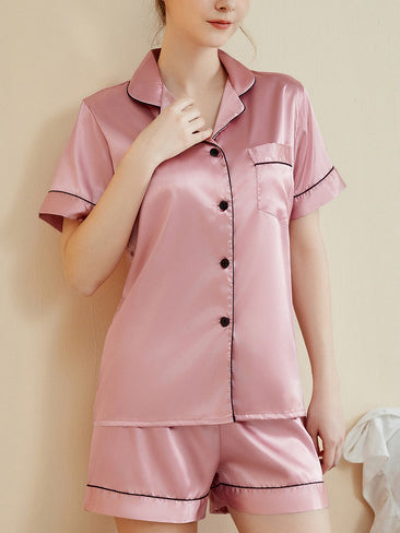 Threaded Solid Color Short Sleeve Shorts Casual Lapel Loungewear Set Pink