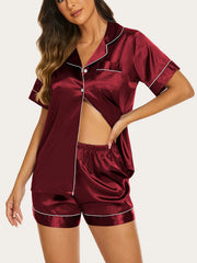 Threaded Solid Color Short Sleeve Shorts Casual Lapel Loungewear Set DarkRed