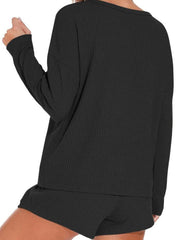 Waffle Knit Women's Pajamas Casual Set Wearable Loungewear Black