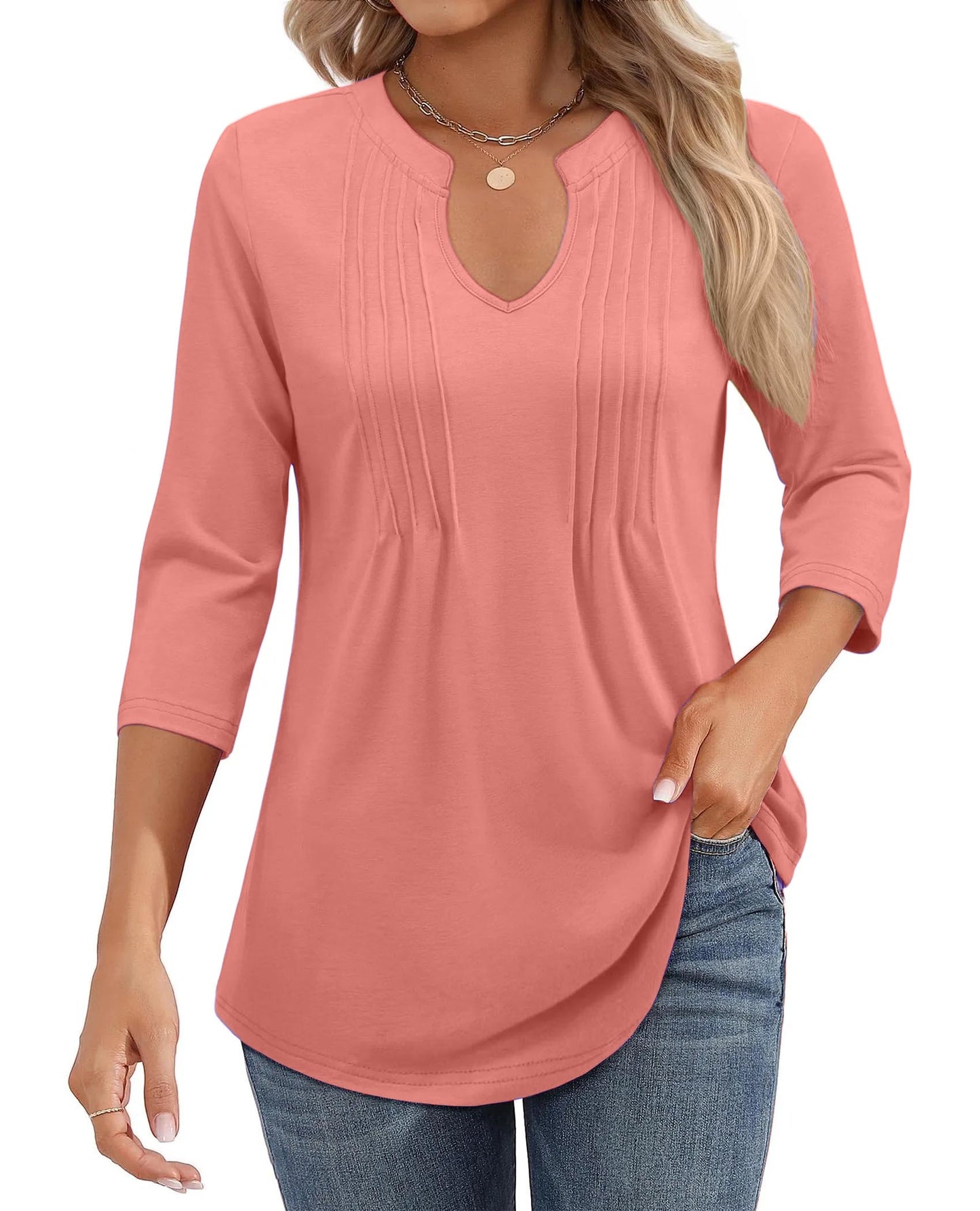 ✨Womens Casual 3/4 Sleeve Pleated Tunic Blouse (BUY 3 FREE SHIPPING)