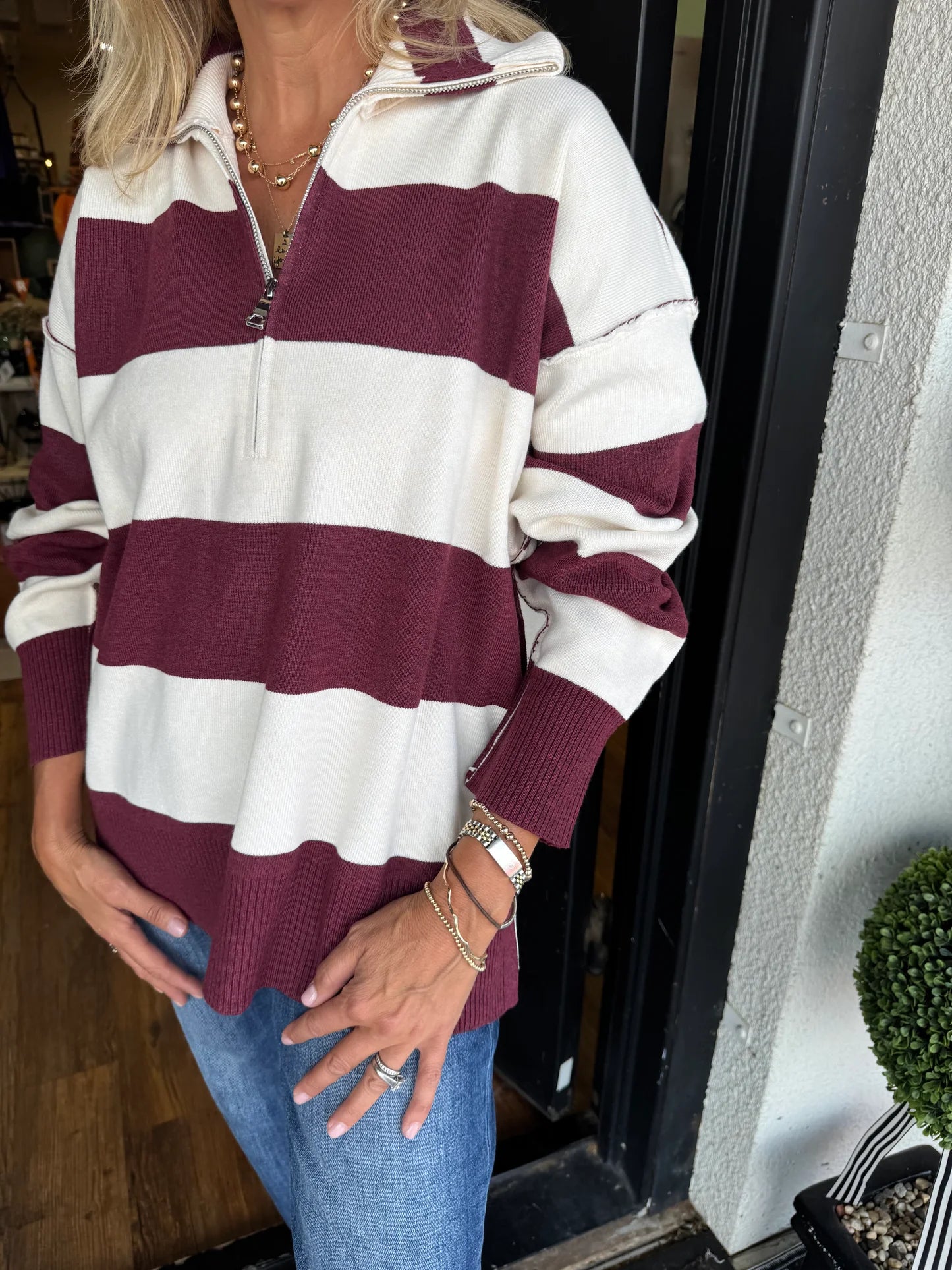 Half Zipper Stripe Pullover (Buy 2 Free Shipping)