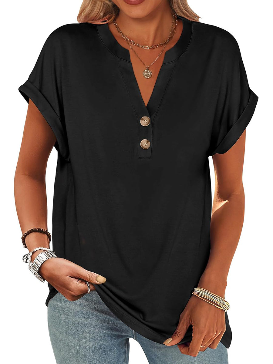 ✨Women's V Neck Button Casual Loose Fit Short Sleeve Henley Tops(buy 3 free shipping)