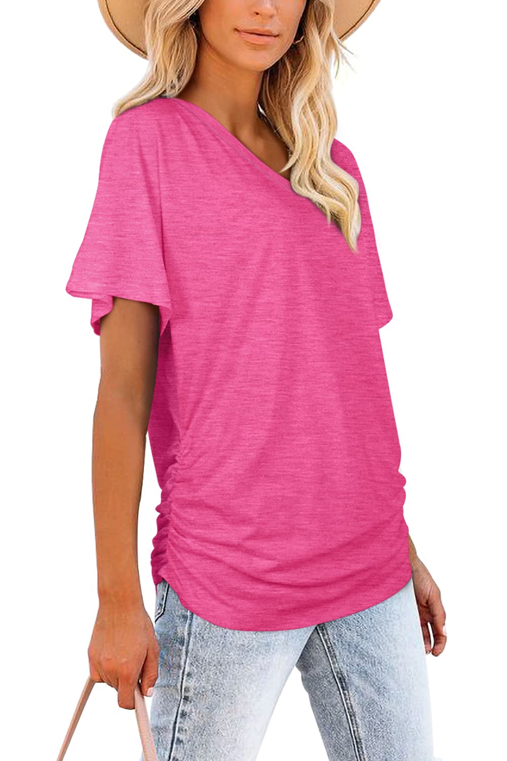 ✨Women's Short Sleeve V Neck Dolman Tops with Side Shirring(buy 3 free shipping)
