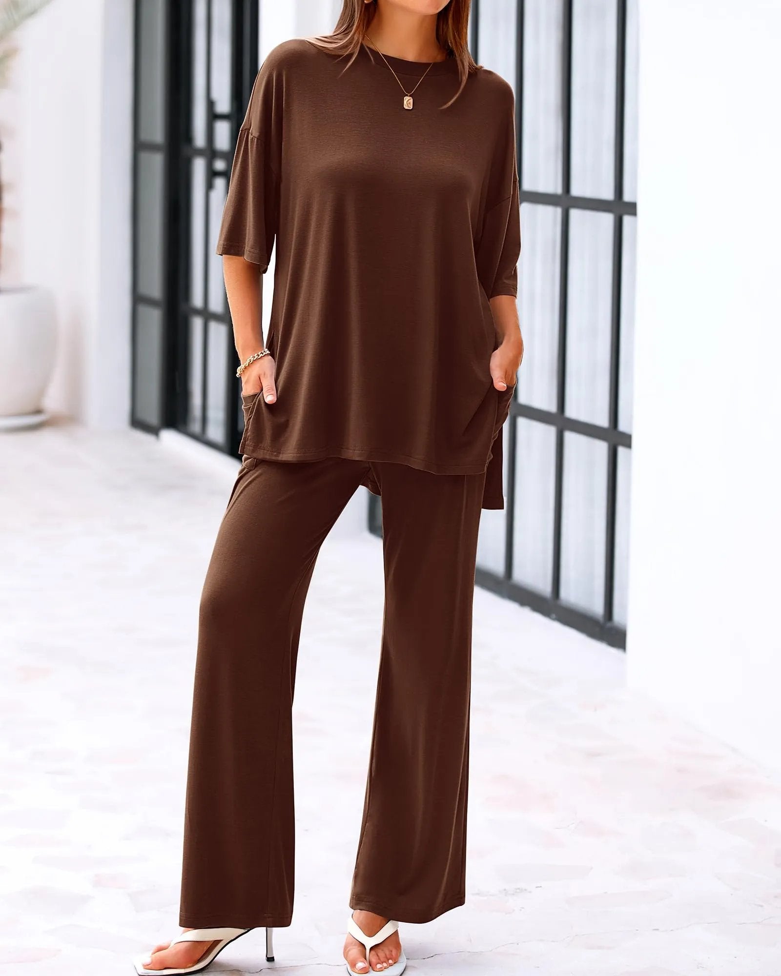 CLEARANCE SALE🔥Casual 2-Piece Loose-Fit Short Sleeve Top & Wide-Leg Pants Set with Pockets