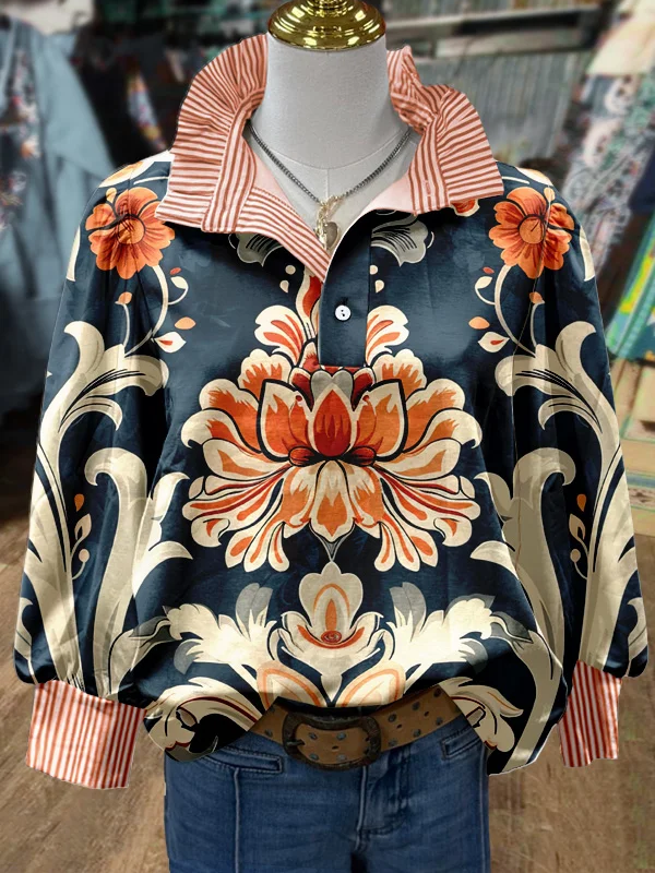 ✨Vintage Floral Print Striped Collar Top(Buy 2 Free Shipping)