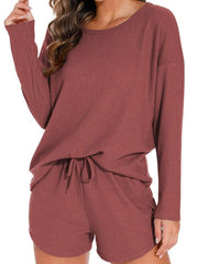 Waffle Knit Women's Pajamas Casual Set Wearable Loungewear RosyBrown