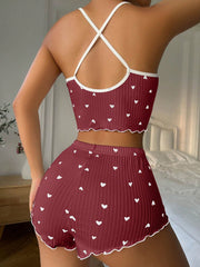 Heart Printed Bow Front Camisole Shorts Cross Back Pajama Set DarkRed