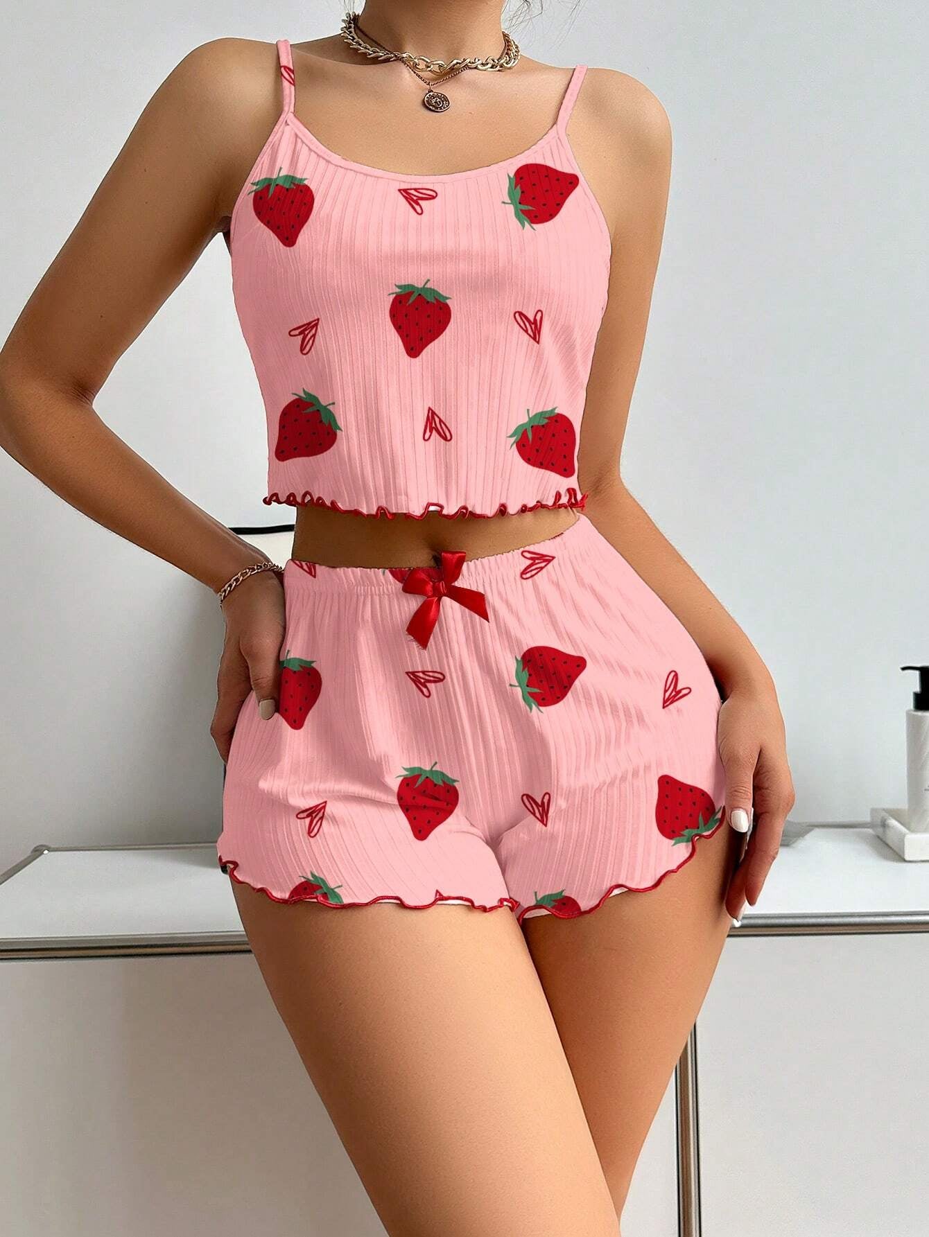 Strawberry Print Camisole And Shorts Pajamas Set