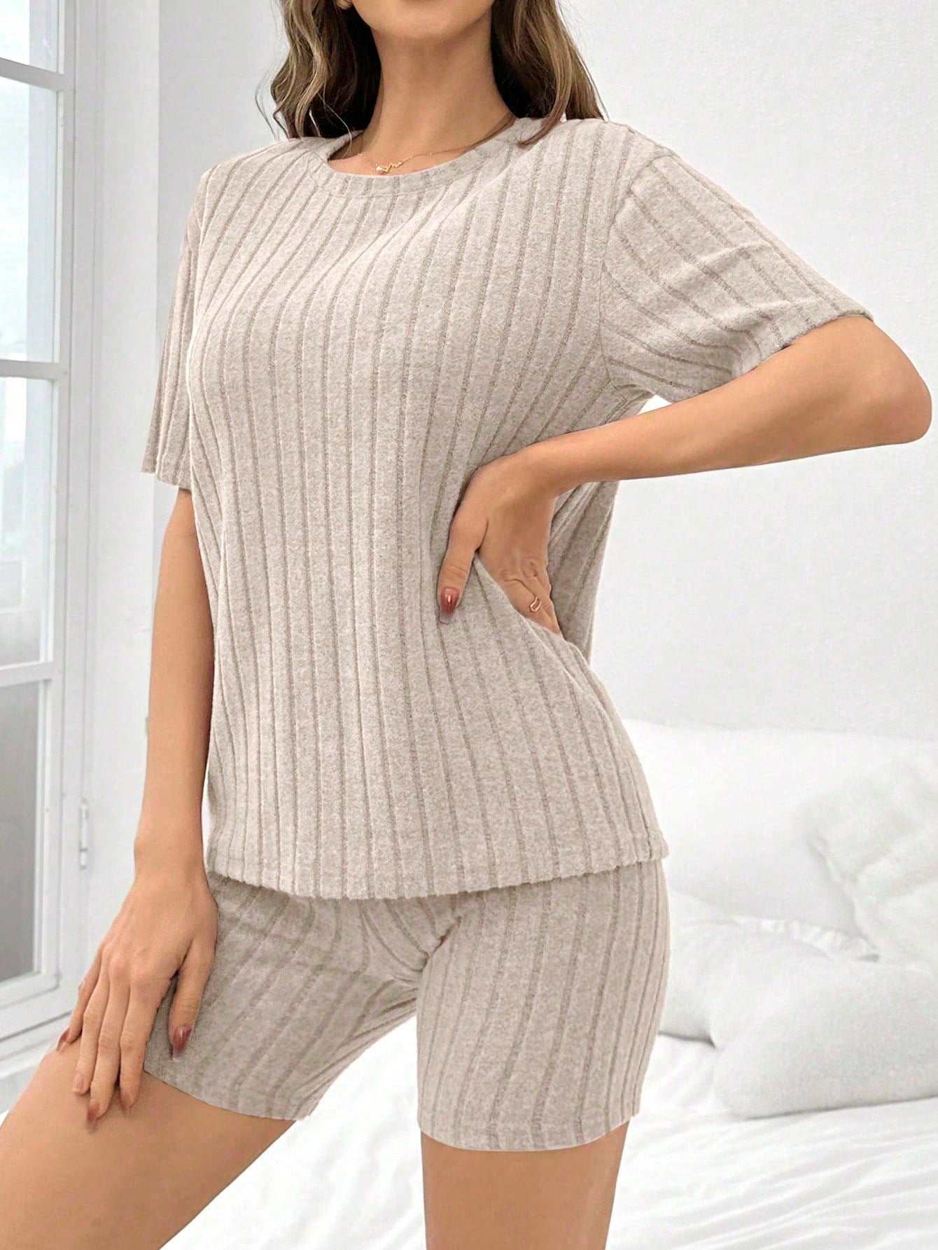 Women Solid Color Brushed Ribbed Loose Crew Neck Short Sleeve Top & Shorts Pajama Set Linen