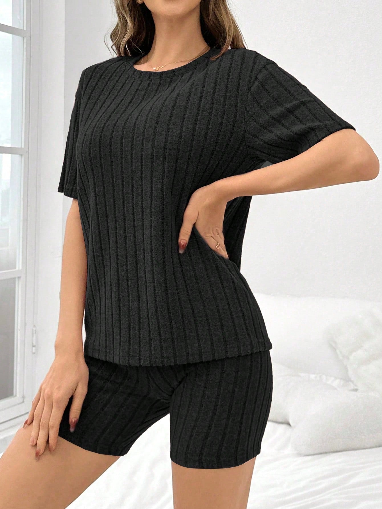 Women Solid Color Brushed Ribbed Loose Crew Neck Short Sleeve Top & Shorts Pajama Set Black