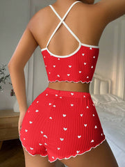 Heart Printed Bow Front Camisole Shorts Cross Back Pajama Set Red