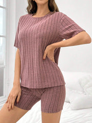Women Solid Color Brushed Ribbed Loose Crew Neck Short Sleeve Top & Shorts Pajama Set RosyBrown