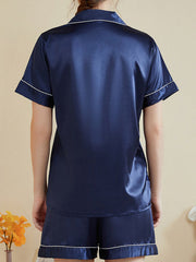 Threaded Solid Color Short Sleeve Shorts Casual Lapel Loungewear Set Navy