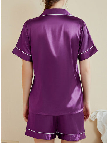 Threaded Solid Color Short Sleeve Shorts Casual Lapel Loungewear Set Indigo
