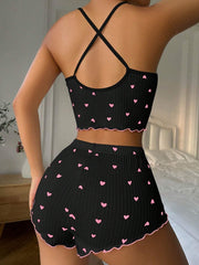Heart Printed Bow Front Camisole Shorts Cross Back Pajama Set Pink Bow