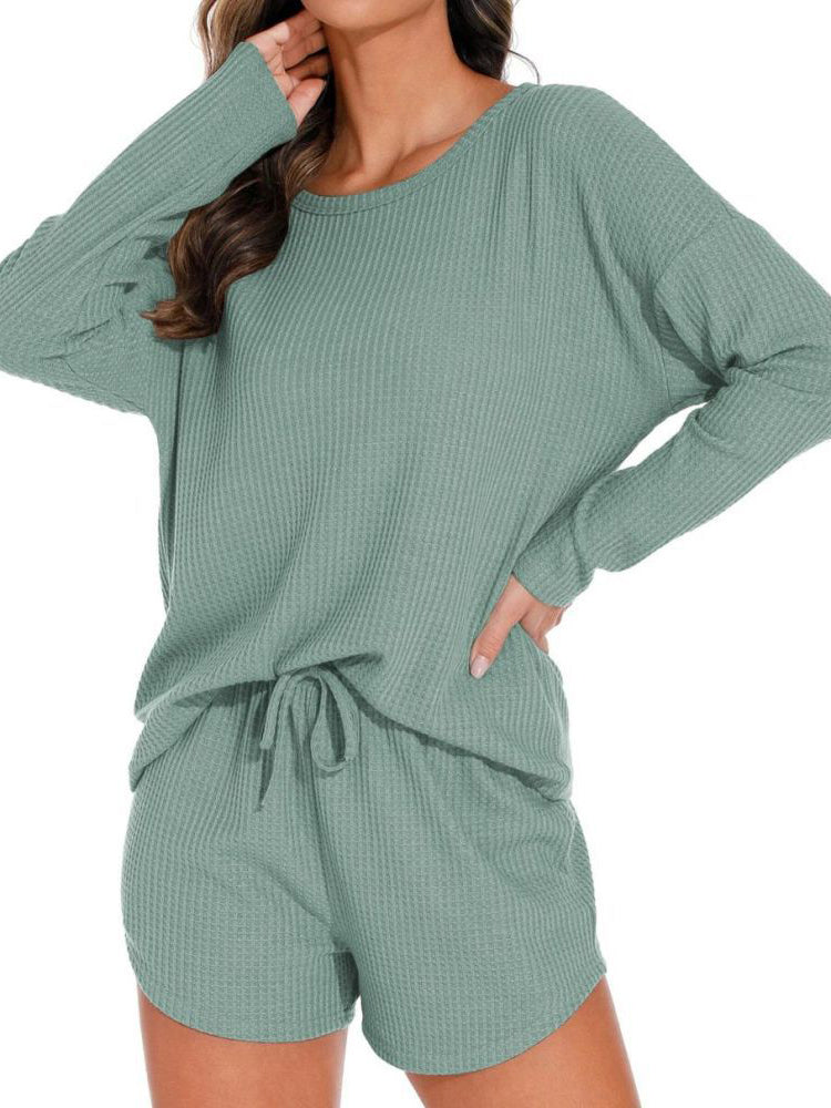 Waffle Knit Women's Pajamas Casual Set Wearable Loungewear LightGreen