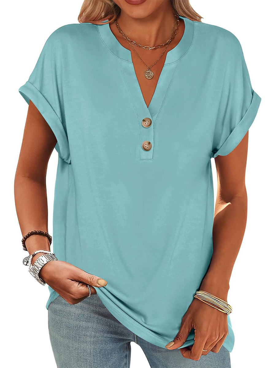 ✨Women's V Neck Button Casual Loose Fit Short Sleeve Henley Tops(buy 3 free shipping)