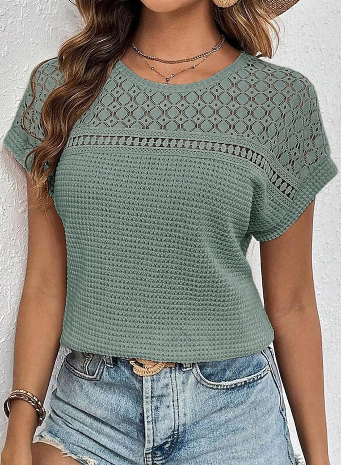 ✨Women's Casual Waffle Knit Hollow Out Short Sleeve Shirts(BUY 2 FREE SHIPPING)