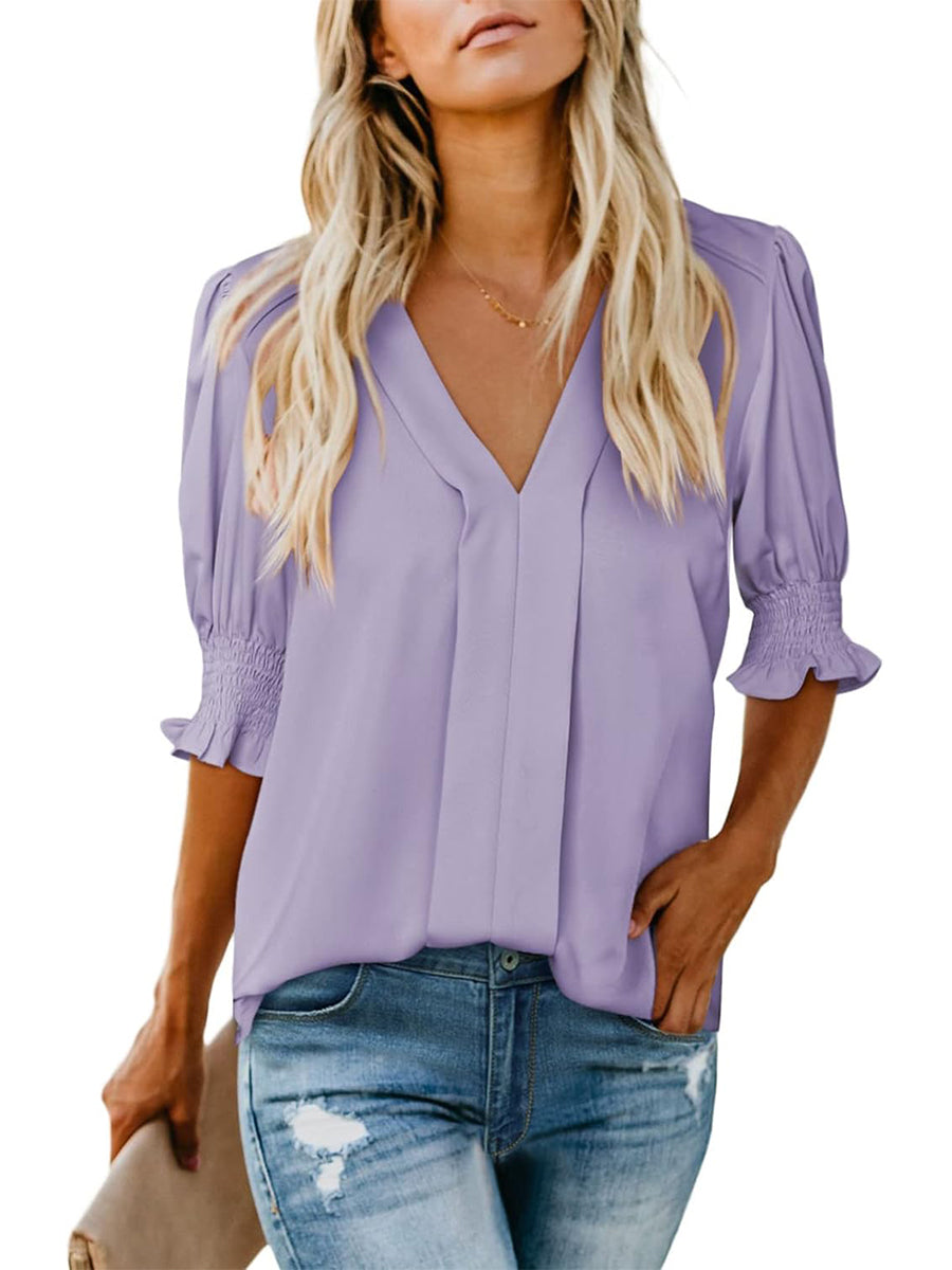 ✨Women's V Neck Dressy Puff Ruffle Blouse Casua Short Sleeve Tops(BUY 2 FREE SHIPPING)