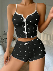 Heart Printed Bow Front Camisole Shorts Cross Back Pajama Set White Bow