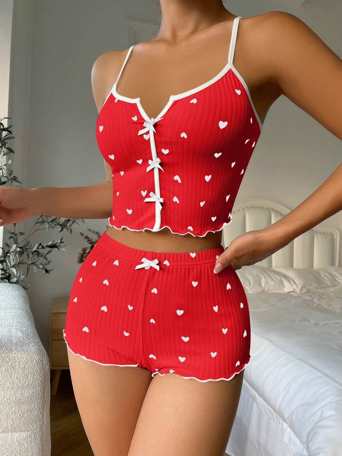 Heart Printed Bow Front Camisole Shorts Cross Back Pajama Set Red