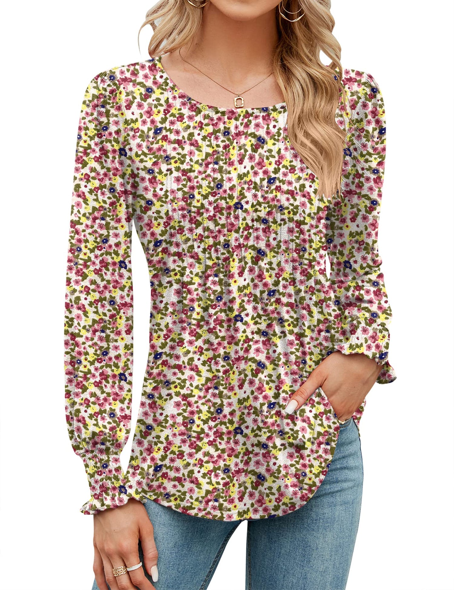 ✨Puff Long Sleeve Pleated Crew Neck Tunic Top (buy 3 free shipping!!!)