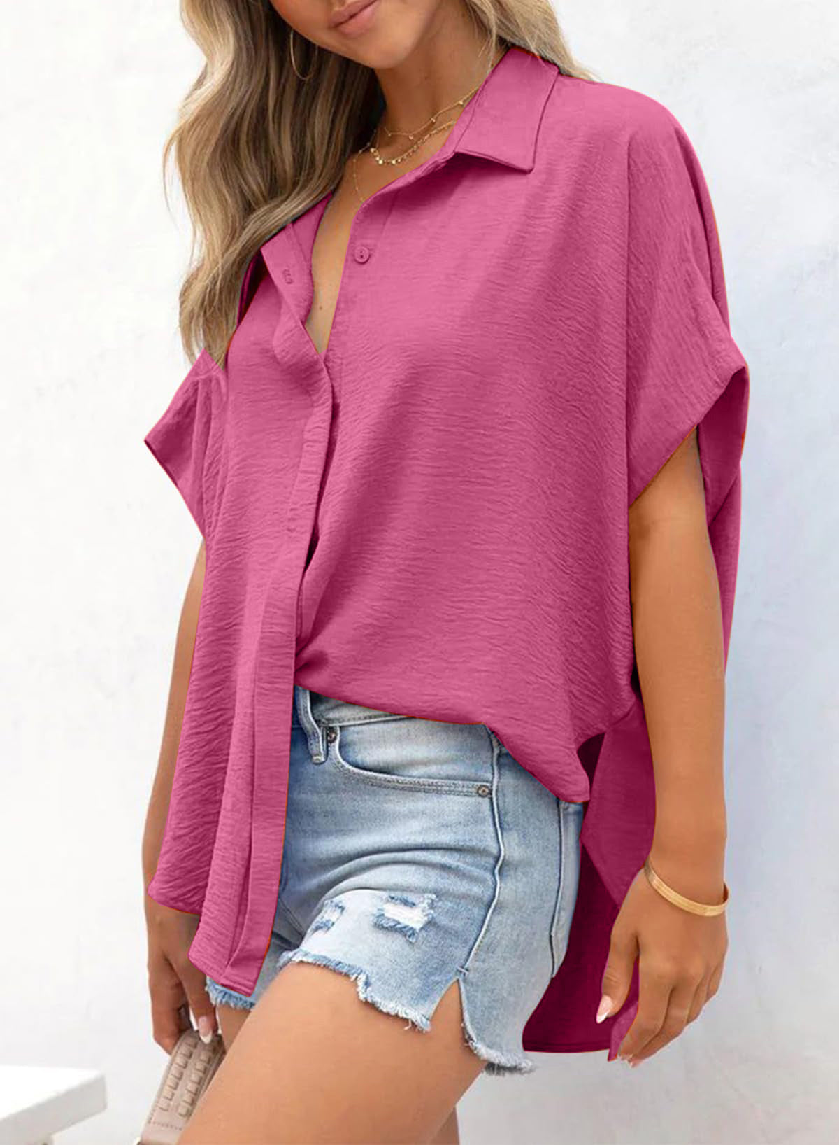 ✨Women's Casual Button Short Sleeve Slit Hem Shirt Solid Color Tops(BUY 3 FREE SHIPPING)