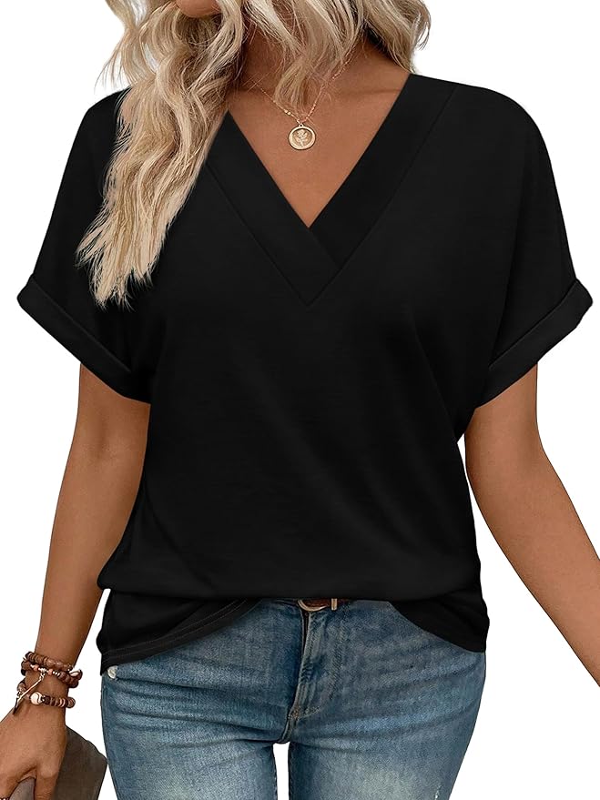 ✨Womens Summer V Neck Short Sleeve Solid Color Basic T Shirt(Buy 3 Free Shipping)