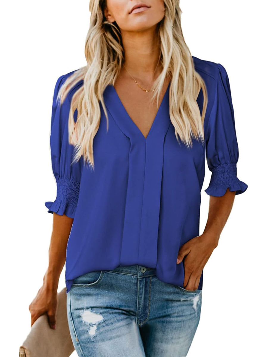 ✨Women's V Neck Dressy Puff Ruffle Blouse Casua Short Sleeve Tops(BUY 2 FREE SHIPPING)