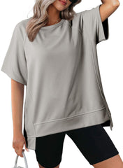 Women's Oversized Round Neck High-Low Hem Short Sleeve Top（Buy 2 Free Shipping）