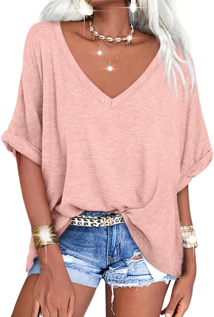 ✨Women's Oversized T Shirts V Neck Short Sleeve Summer Casual Loose Tops Tees