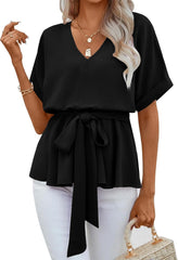 ✨Womens V Neck Blouse Short Sleeve Belted Casual T-Shirts Basic Tee Tops