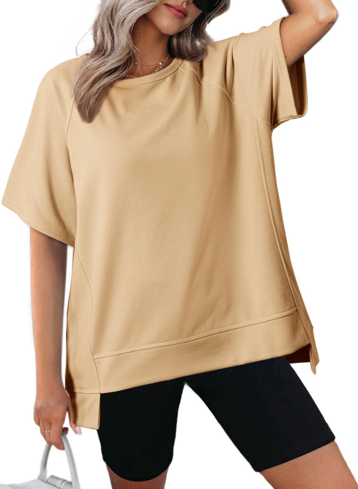 Women's Oversized Round Neck High-Low Hem Short Sleeve Top（Buy 2 Free Shipping）