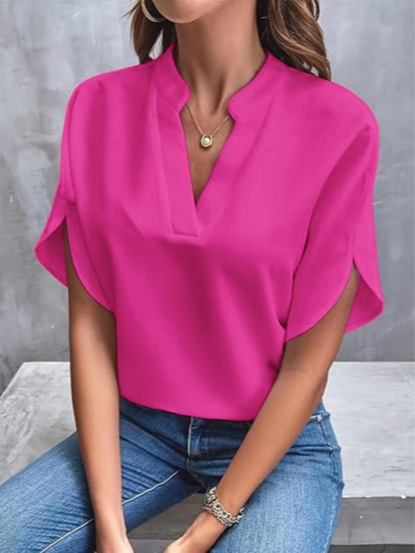 ✨Women's Short Sleeve Solid Color Notch Collar Short Sleeve Shirt（Buy 3 Free Shipping）