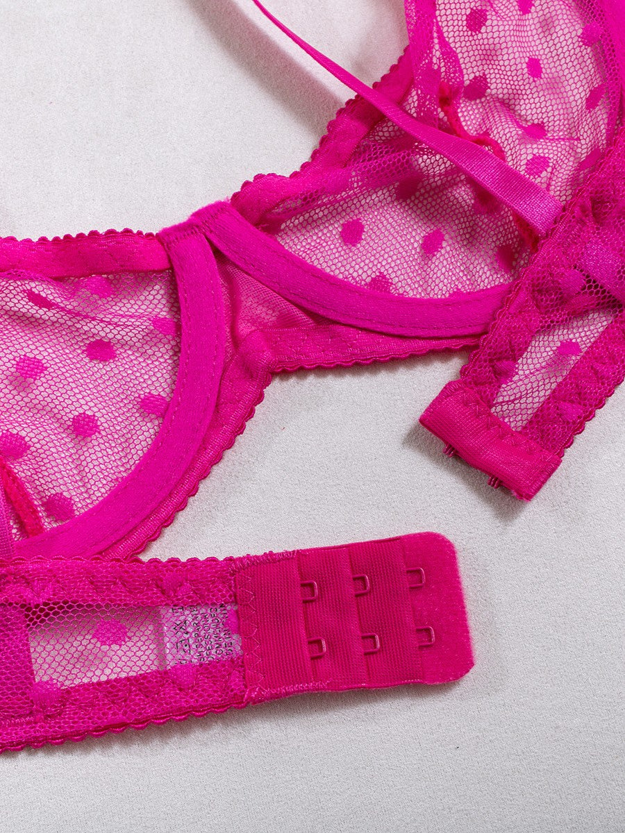 Sexy Polka Dot Half Cup Ultra Thin See Through Lingerie Set HotPink