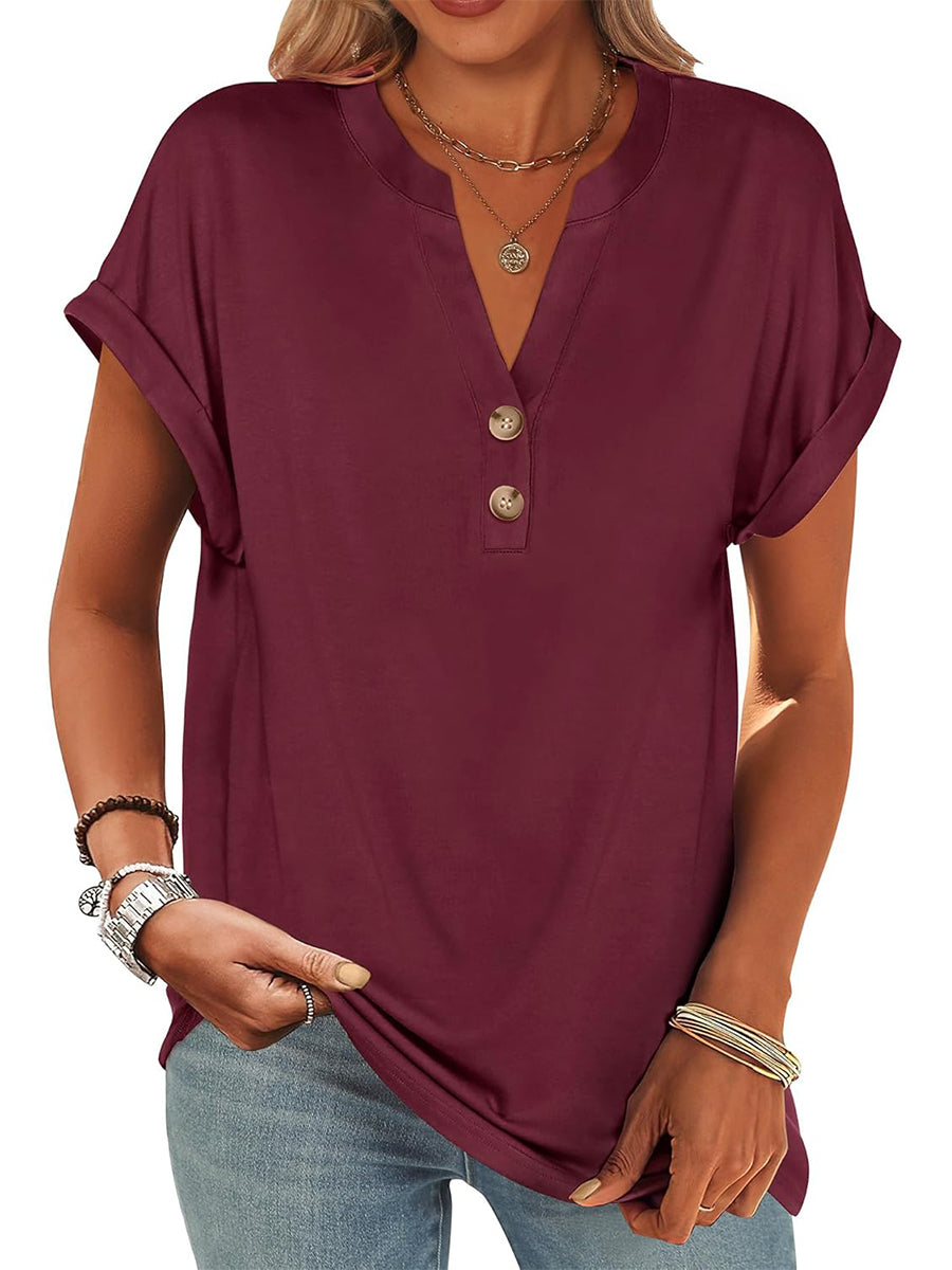 ✨Women's V Neck Button Casual Loose Fit Short Sleeve Henley Tops(buy 3 free shipping)