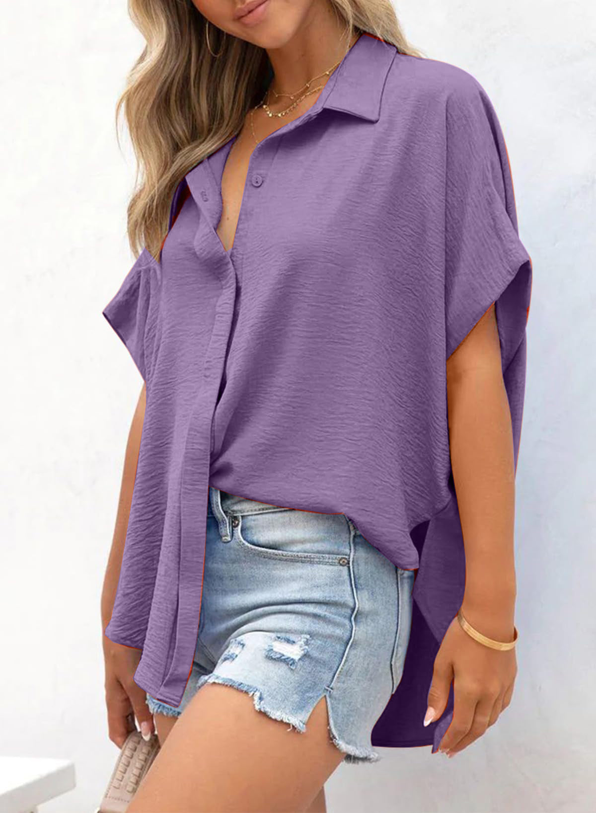 ✨Women's Casual Button Short Sleeve Slit Hem Shirt Solid Color Tops(BUY 3 FREE SHIPPING)