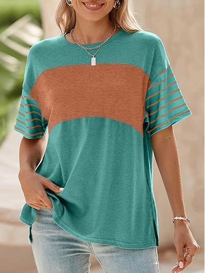 ✨Womens Oversized Crewneck Casual Color Block Striped Shirts Blouses(Buy 3 Free Shipping)