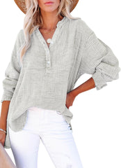 ✨Womens Casual Gauze Button Neck Long Sleeve Oversized BlousesTops(BUY 2 FREE SHIPPING)