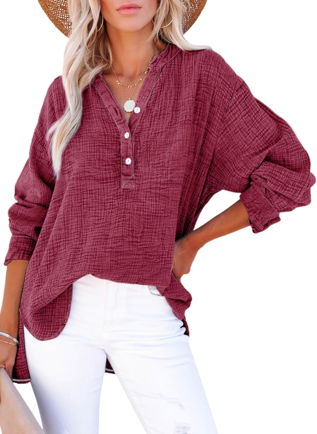 ✨Womens Casual Gauze Button Neck Long Sleeve Oversized BlousesTops(BUY 2 FREE SHIPPING)