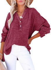 ✨Womens Casual Gauze Button Neck Long Sleeve Oversized BlousesTops(BUY 2 FREE SHIPPING)