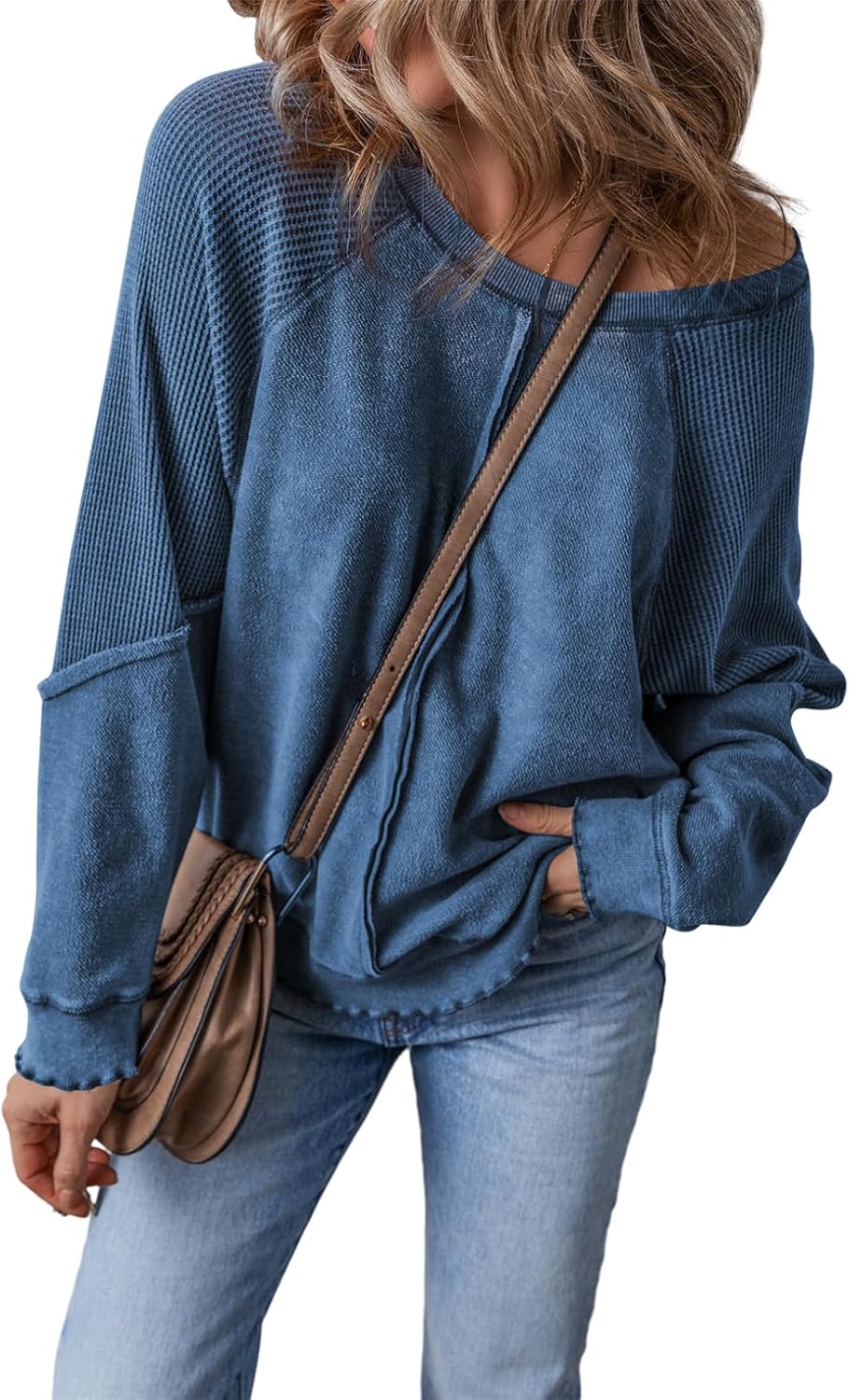 ✨Womens Crewneck Long Sleeve Waffle Knit Sweatshirt(BUY TWO FREE SHIPPING!!!)