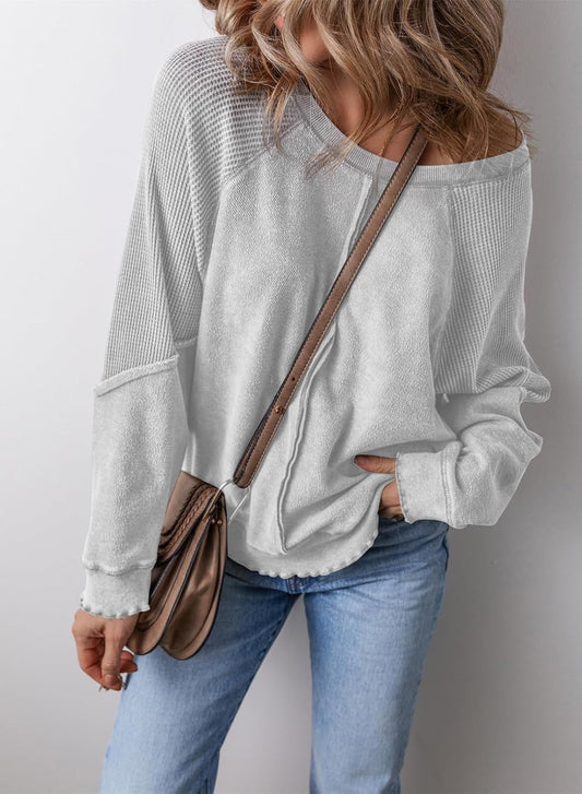 ✨Womens Crewneck Long Sleeve Waffle Knit Sweatshirt(BUY TWO FREE SHIPPING!!!)