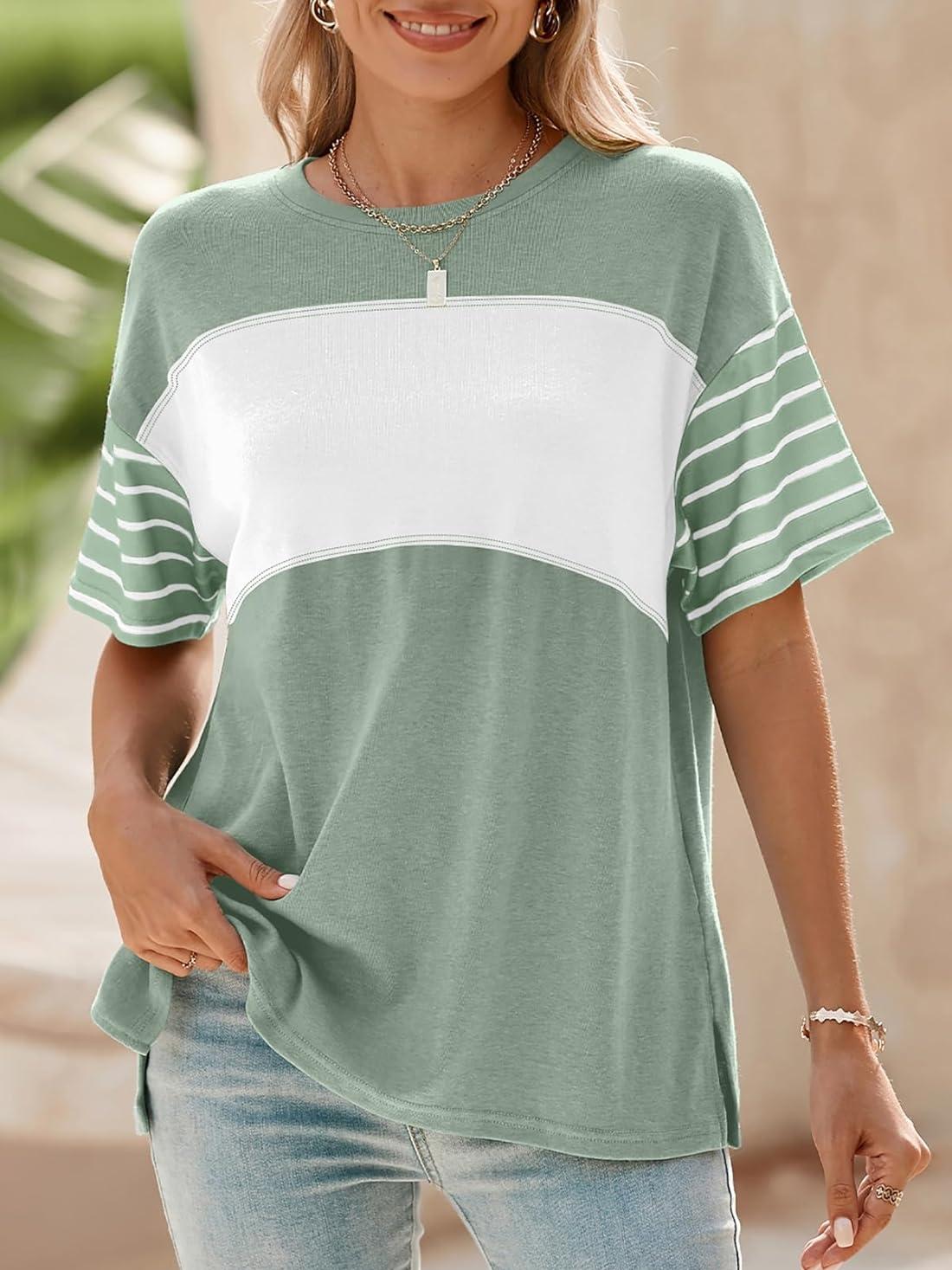 ✨Womens Oversized Crewneck Casual Color Block Striped Shirts Blouses(Buy 3 Free Shipping)