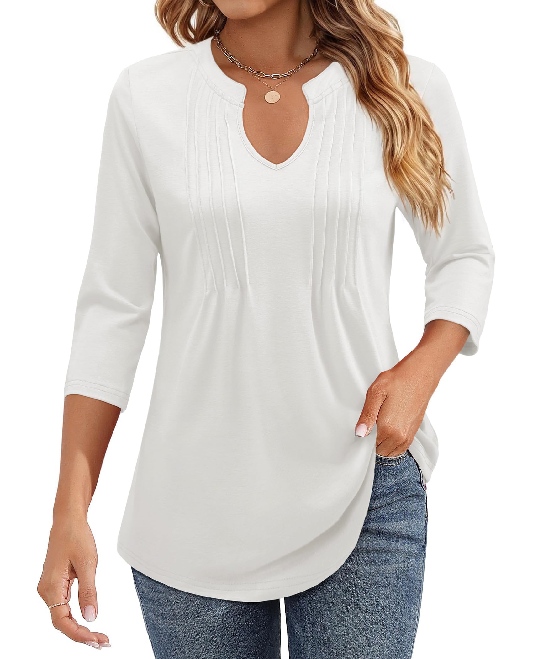 ✨Womens Casual 3/4 Sleeve Pleated Tunic Blouse (BUY 3 FREE SHIPPING)